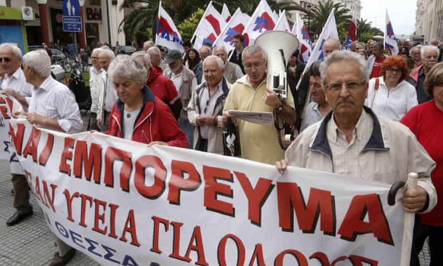 Greek pensioners protest against pension cuts and healthcare access in Thessaloniki.