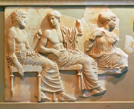 A section of the east frieze of the Parthenon showing Poseidon, Apollo and Artemis.