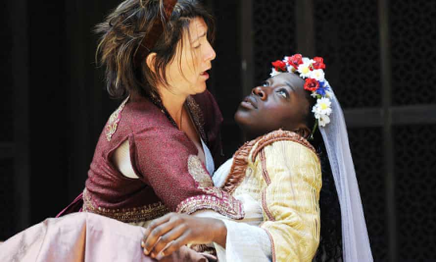 Eve Best as Beatrice and Ony Uhiara as Hero in Much Ado About Nothing at Shakespeare's Globe in 2011.
