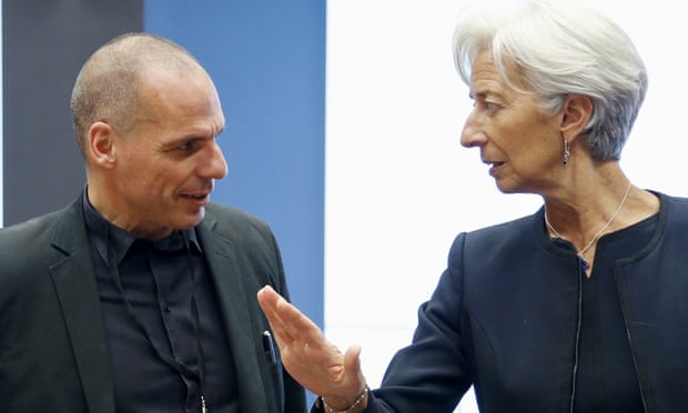 Greece’s Yanis Varoufakis with Christine Lagarde of the IMF during a meeting of eurozone ministers.