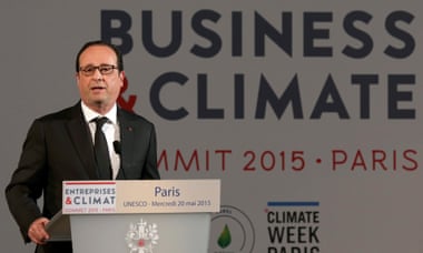 epa04758637 French President Francois Hollande delivers a speech during the 'Business and Climate Summit 2015', at the UNESCO headquarter in Paris, France, 20 May 2015.