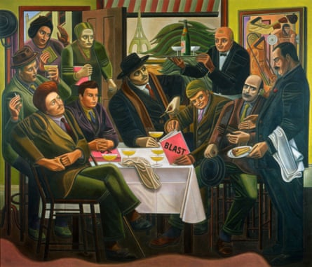<em>The Vorticists at the Restaurant de la Tour Eiffel: Spring 1915</em> (1961-62) by William Roberts. Roberts depicts himself (seated second form left) between Ezra Pound and Wyndham Lewis, marking the first issue of their magazine Blast.