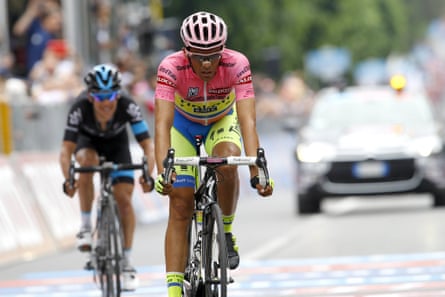 Alberto Contador (Tinkoff Saxo) crosses the finish line of the ninth stage of the 98th Giro d'Italia, Tour of Italy, in May.