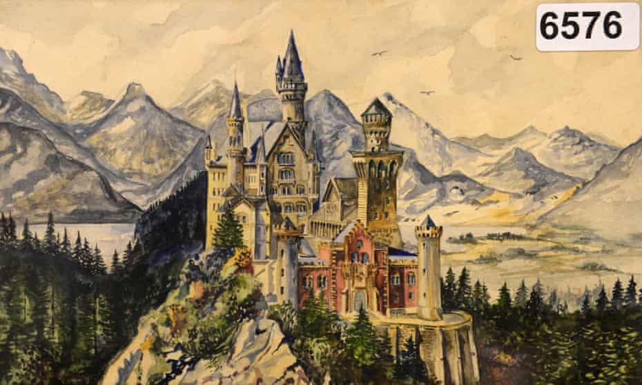 A watercolour painting of Neuschwanstein castle, signed A Hitler.