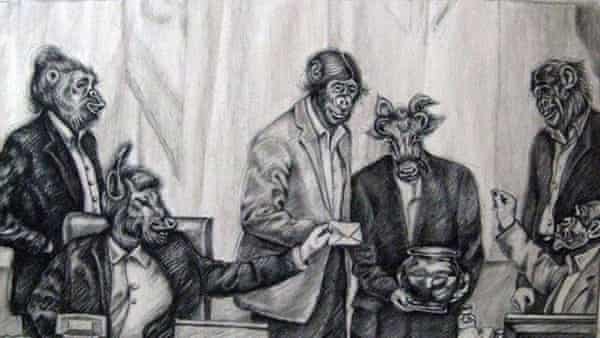 Iran cartoonist Atena Farghadani’s rendering of members of Iran’s parliament as monkeys, cows and other animals