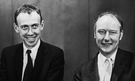 1959, Boston, Massachusetts, USA -- James Watson and Francis Crick, crackers of the DNA code. Photo taken on occasion of the Massachusetts General Hospital lectures.