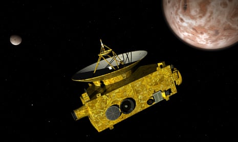 New Horizons spacecraft over dwarf planet Pluto and its moon Charon.