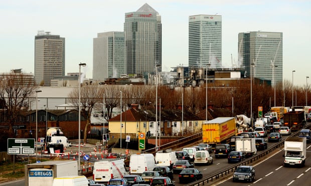 Traffic congestion and a London skyline