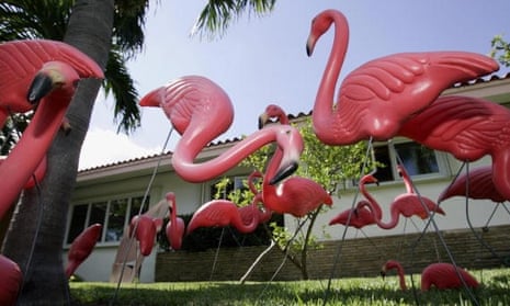Plastic pink flamingos on a lawn in Key Biscayne, Florida.