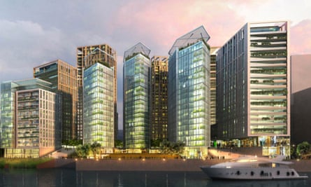 Visualisation of the completed Greenwich Peninsula development, next to London’s O2 Arena.