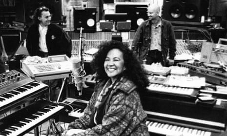 Totó La Momposina in the studio, 1992 with producer John Hollis and David Bottrill.