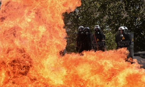 Clashes in Athens demonstrators during a 24-hour strike on 18 October 2012.