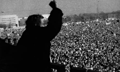 Václav Havel addresses a crowd of more than 500,000 in Prague during the Velvet Revolution in Novemb