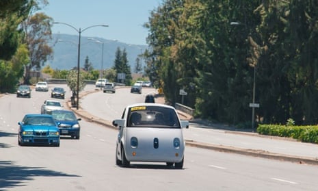 A Google self-driving "koala car" on a public road in California.