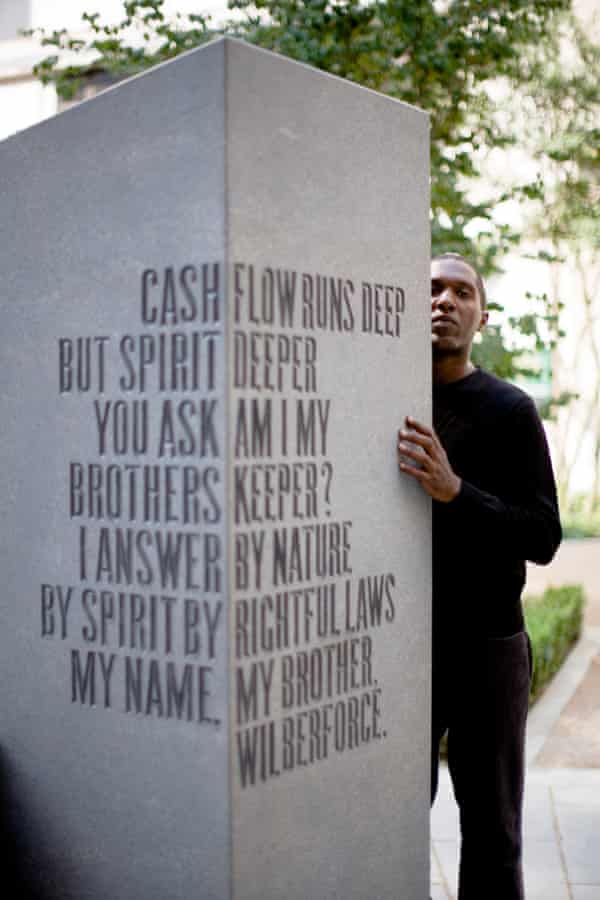 Lemn Sissay at the memorial to the abolition of the transatlantic slave trade in the City of London, which features words from his poem The Gilt of Cain.