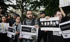 Demonstrators protesting against Azerbaijan human rights abuses in Tbilisi, Georgia, part of rallies organised in cities around the world ahead of the opening ceremony.