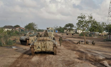Troops from the African Union Mission in Somalia (Amisom) on patrol in Kurtunwaarey.
