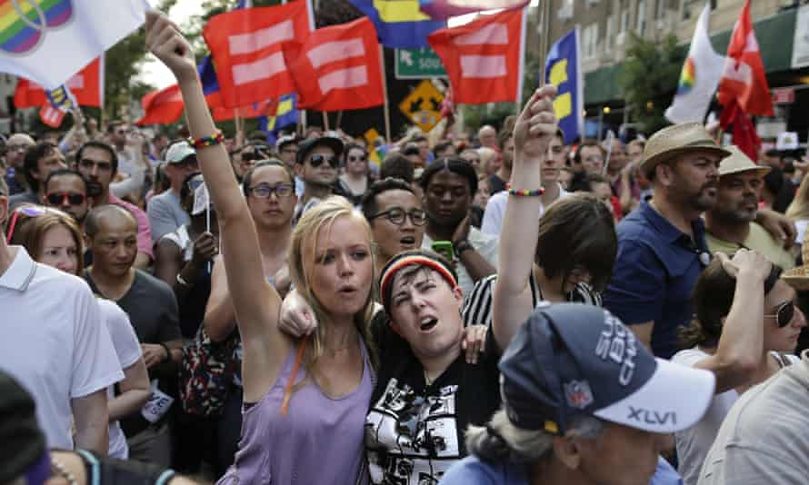 Emily Burke and Lindsay Meeks join a rally in Greenwich Village to celebrate the Supreme Court's ruling.