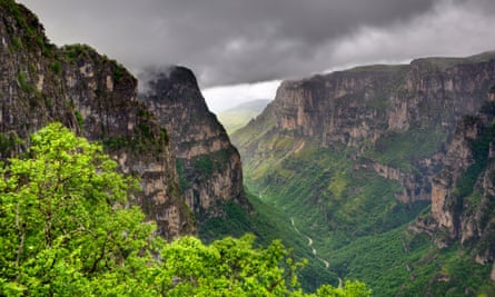 Rain and cloud over the Vikos Gorge from the Oxia viewpoint, Zagoria, Epirus, Greece, 