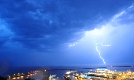 Unusual cloud formations and lightning seen over the English Channel at the Port of Dover on July 18, 2014 in Kent, England.
