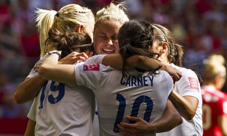 England team celebrate after Lucy Bronze scored against Canada in the quarter finals.