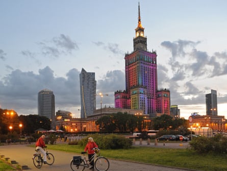 The Communist-era Palace of Culture and Science is lit up in Warsaw, Poland.