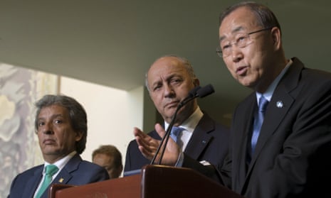 Ban Ki-moon (right) with French foreign minister and the host of the Paris climate summit Laurent Fabius (centre), and Peruvian environment minister Manuel Pulgar-Vidal, who hosted 2014’s climate talks in Lima.