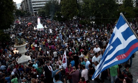 Protesters at a demonstration in front of the Greek parliament in Athens on 29 June 2015.