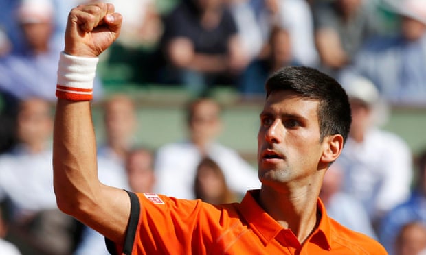 Novak Djokovic celebrates after winning a point during his French Open quarter-final against Rafael Nadal.