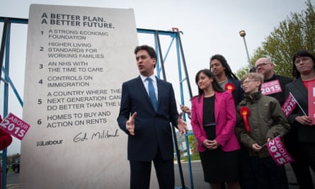 Ed Miliband unveils Labour's pledges carved into a stone plinth in Hastings, on May 2.