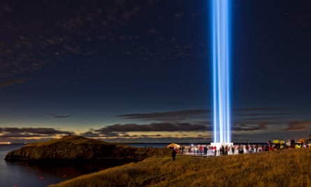 The annually lit Imagine Peace Tower, a memorial in Reykjavik, Iceland to John Lennon by Yoko Ono made of searchlights with prisms and containing the words ‘Imagine Peace’ carved in 24 languages as well as 1 million written wishes from her Wish Trees project