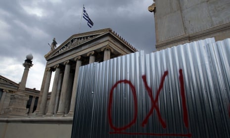The word OXI (No) is written on a wall in front of the Greek Academy in Athens, Greece