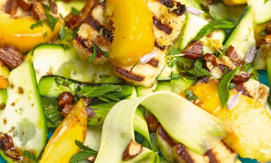 Thomasina Miers' grilled halloumi with courgette, peach and burnt-butter almonds