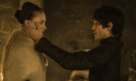 Sansa Stark (Sophie Turner, left) and her attacker Ramsay Bolton (Iwan Rheon) in season five of Game of Thrones.
