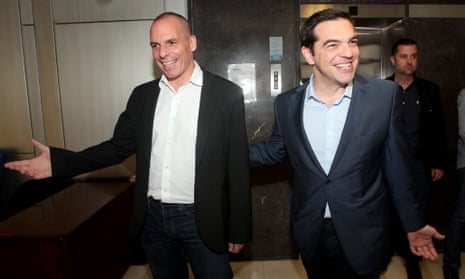 Yanis Varoufakis and Alexis Tsipras arrive at the finance ministry in Athens