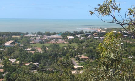 The view over Nhulunbuy from Mt Saunders. Locals question why mining houses remain unoccupied while families are on waiting lists for public housing.