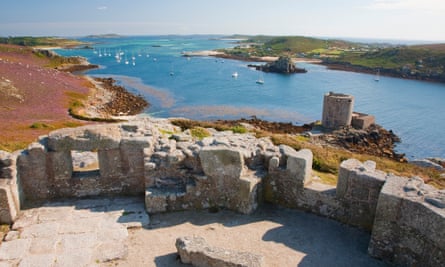 The view from Tresco’s King Charles’s Castle over Cromwell’s Castle to Bryher, the smallest of the inhabited islands 
