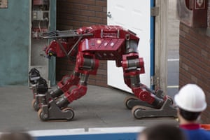 The Carnegie Mellon university Chimp (CMU Highly Intelligent Mobile Platform) robot gets up after falling.