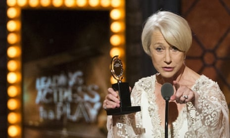 British actress Helen Mirren accepts the award for Best Performance By An Actress In A Leading Role In A Play for "The Audience".