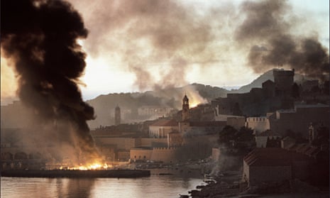 The harbour in Dubrovnik, Croatia, under heavy bombardment in November 1991.