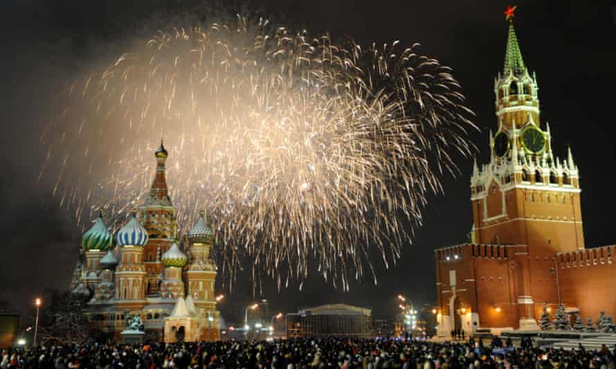 Fireworks over St Basil cathedral on Red Square.