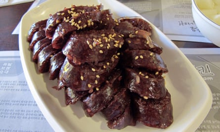 Blood sausages known as soondae are a popular North Korean street food dish.