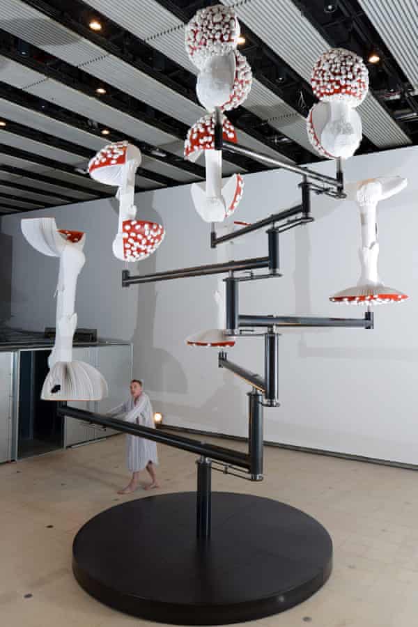 Giant replicas of mushrooms, mounted on a revolving spindle that visitors turn manually.