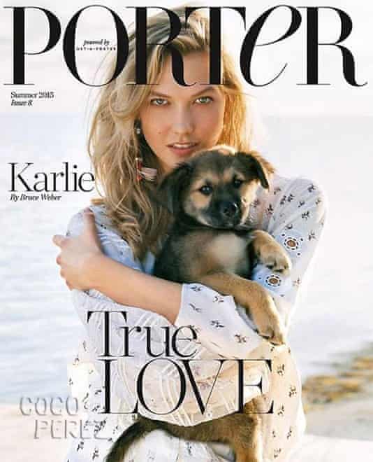Karlie Kloss with rescue dog, Hollywood, on the Summer 2015 issue of Porter magazine Porter