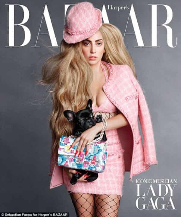 Lady Gaga on the cover of Harper’s Bazaar holding her French Bulldog, Asia