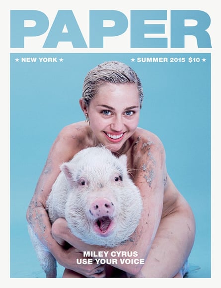 Miley Cyrus and Bubba Sue the pig the cover model on the current issue of Paper magazine