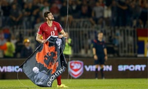 albania serbia soccer drone flag match mitrovic stefan slide serbian america