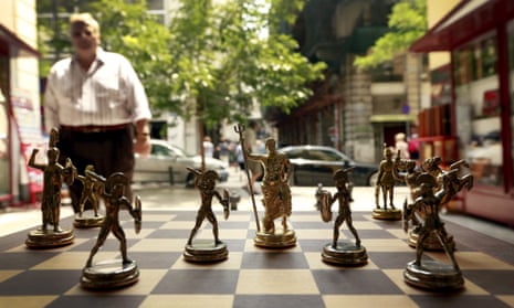 Chess pieces depicting Greek gods and Spartan soldiers in a shop in Athens.