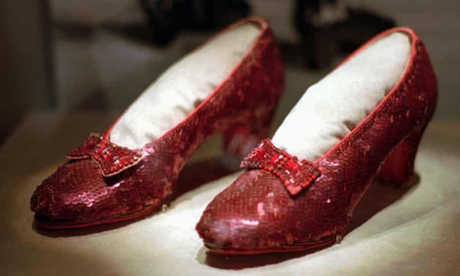 One of the four pairs of ruby slippers worn by Judy Garland in The Wizard of Oz, on display during a media tour of the America's Smithsonian traveling exhibition in Kansas City, Missouri.