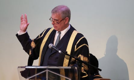 The Duke of York makes a Vulcan salute sign to Sir Patrick Stewart during a speech at his installation as chancellor of the University of Huddersfield.